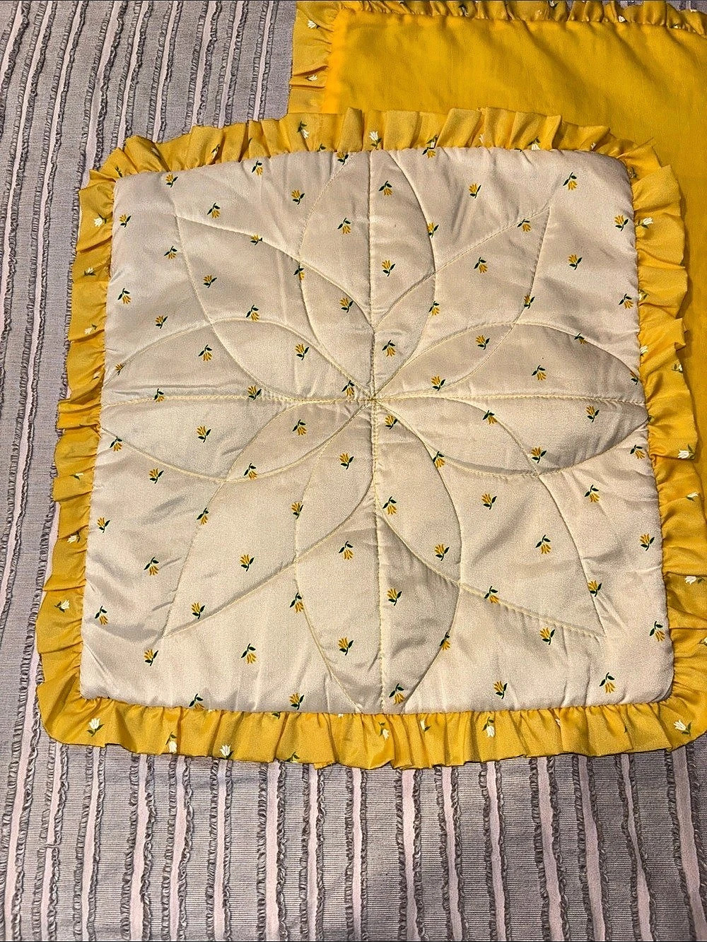 VTG Yellow Floral Ruffle Quilted Pillow Shams Pair (2) Coquette Cottage